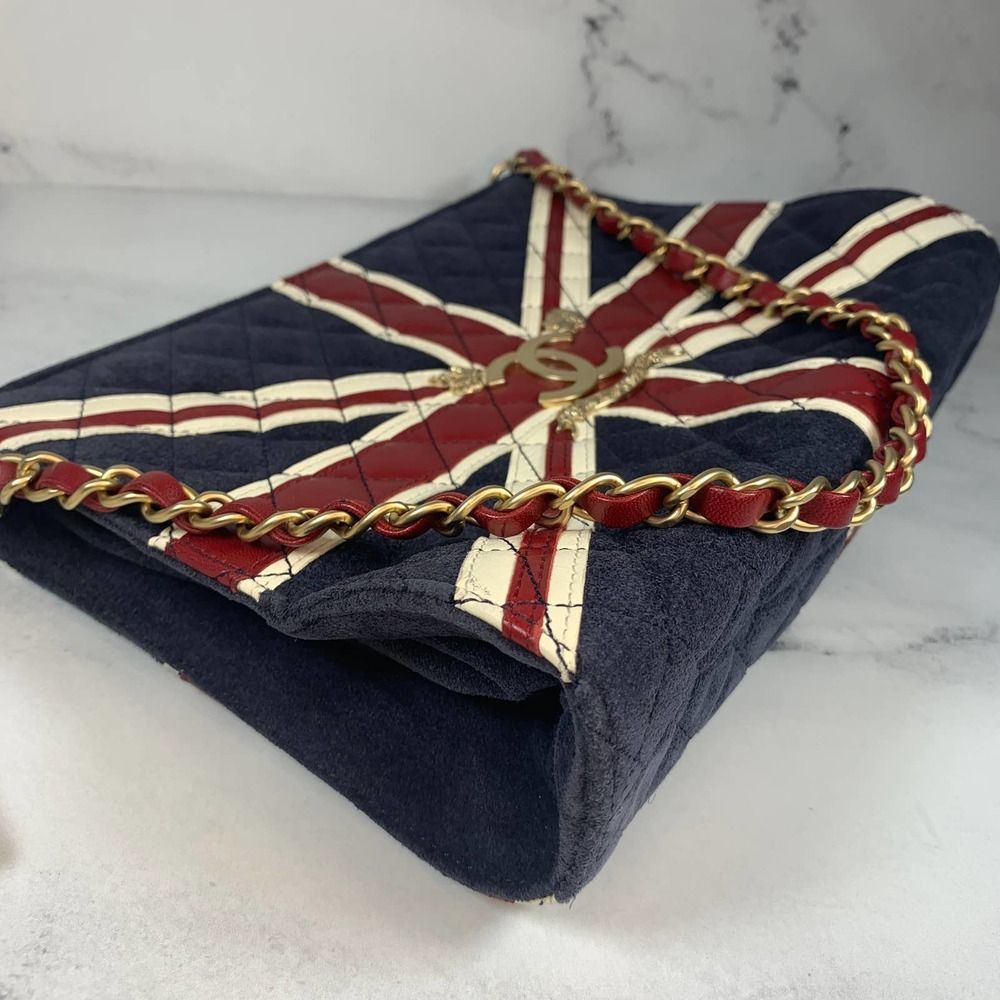 ❌❌ CHANEL Union Jack UK Bag British Flag suede vintage London CC Shoulder/clutch - Picture 7 of 16
